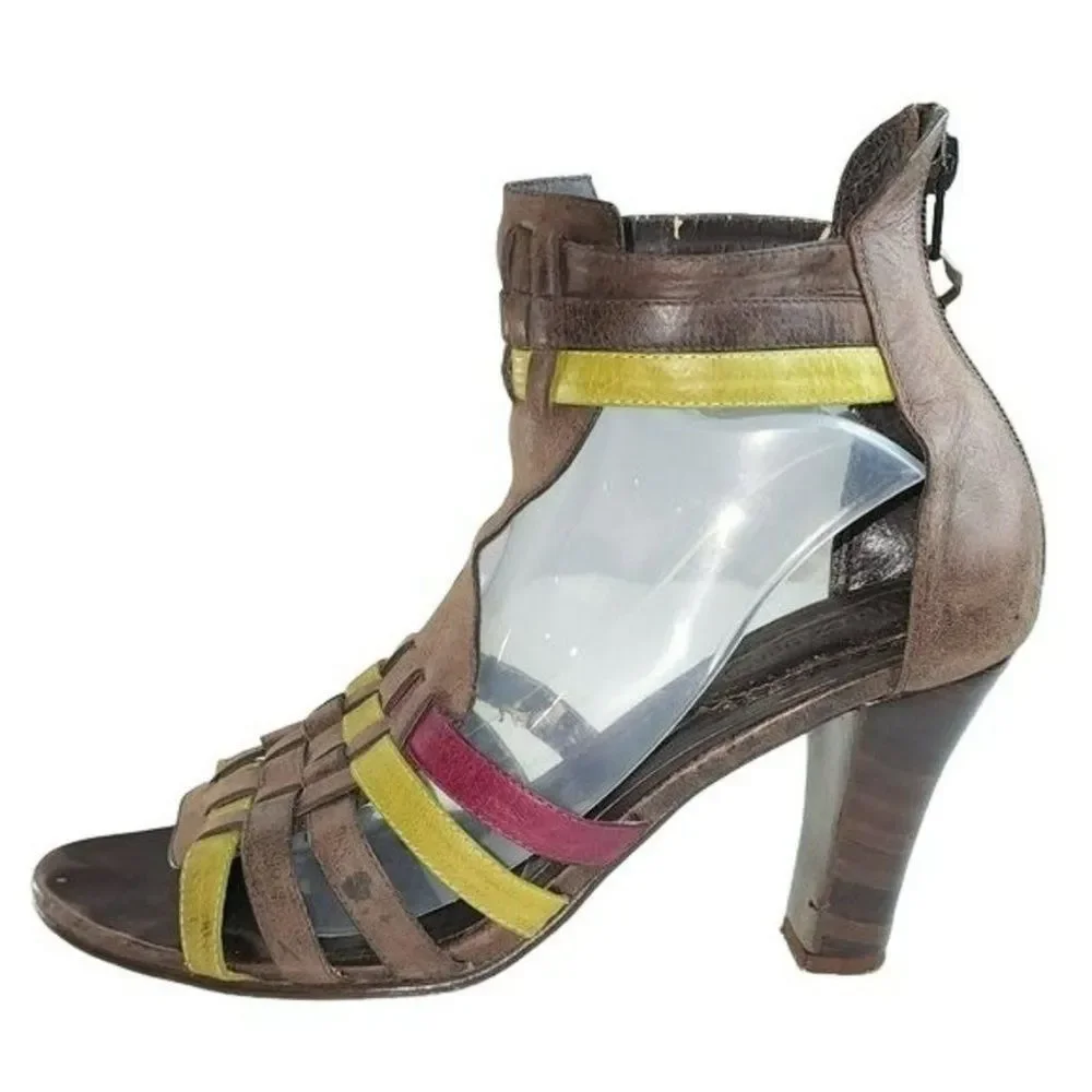 Vintage Velez Women's Shoes Leather Strappy Heeled Sandals 39 US 8.5 Brown Green